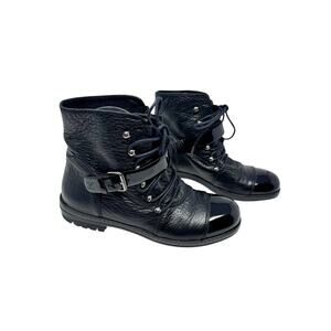 Chanel 05A Black Leather Patent Cap Toe Lace Up Combat Boot CC Buckle EU 37